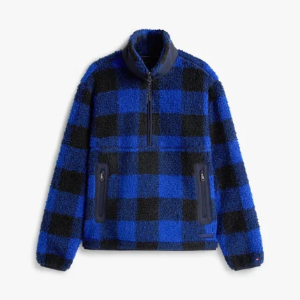 Pullover in Sherpa a Quadri con Mezza Zip